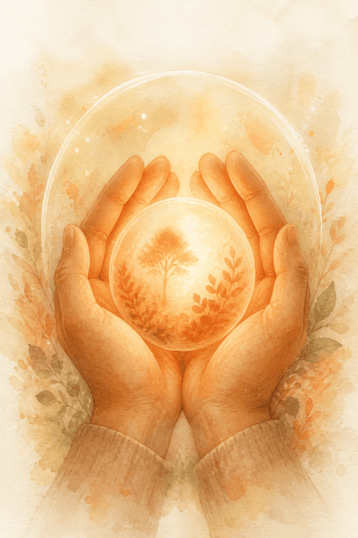A calm amber memory glow held safe inside a soft protective halo on warm paper — privacy-first, self-hosted backend.